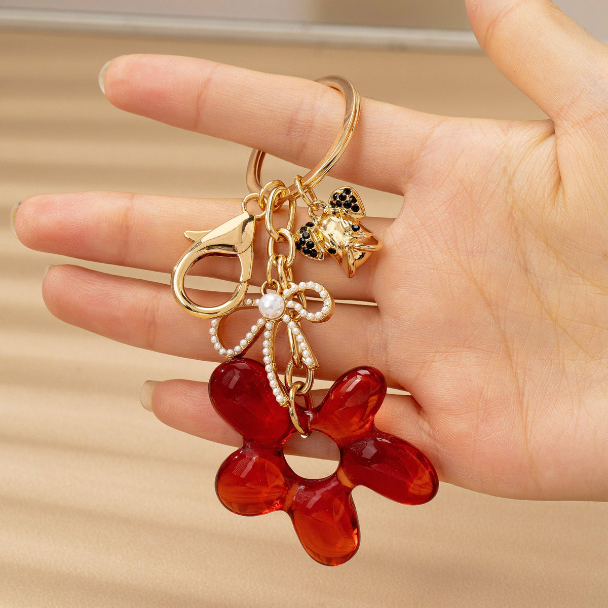 BAG CHARM KEY CHAIN-RESIN FLORAL BOW DOG