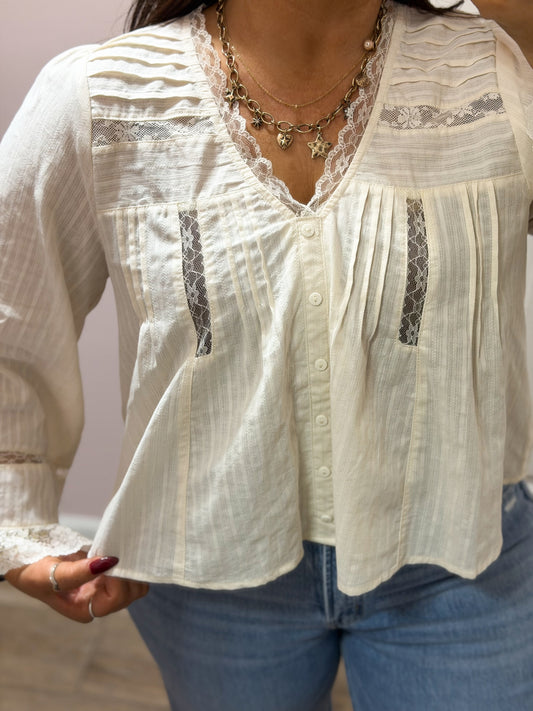 Lace Trim Pleated Button Down Top