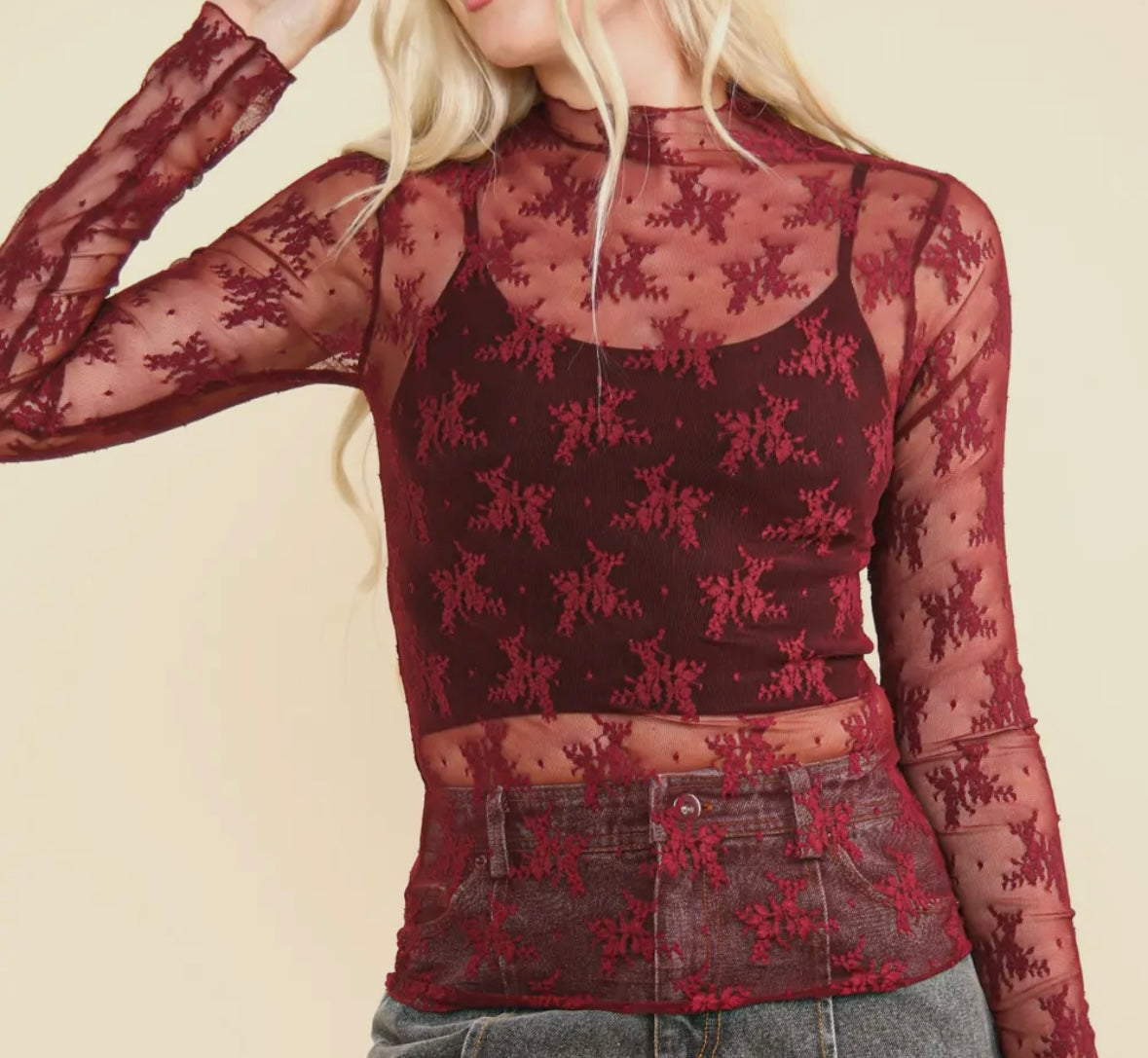 Lace Sheer Top, Wine