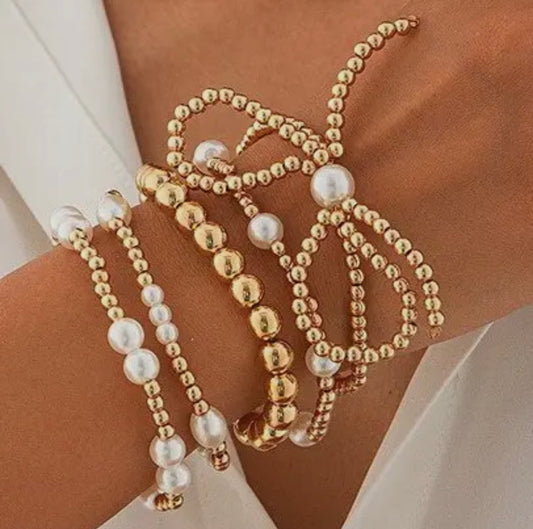 Gold Plated Pearl & Bow Bracelet Set