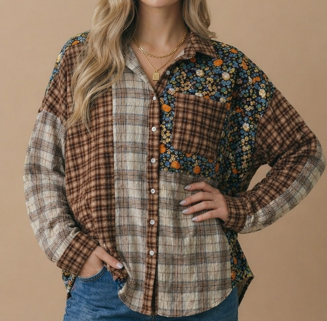 Autumn Vibe Button Down Color Block Top