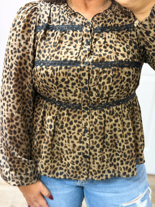 Leopard Print Lace Trim Blouse