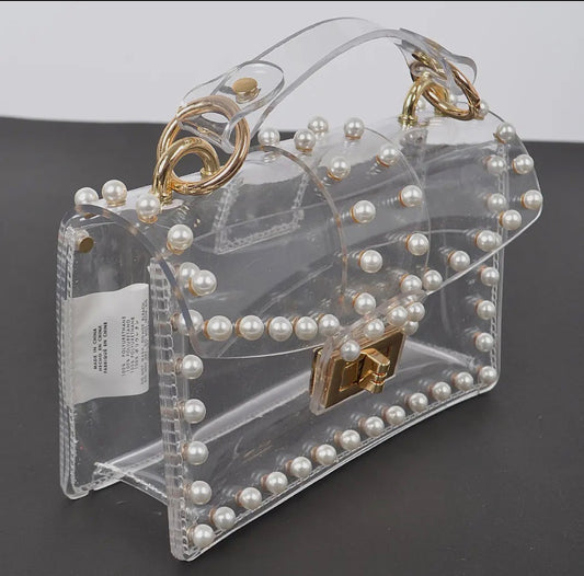 Transparent Single Handle Clutch w/ Faux Pearls