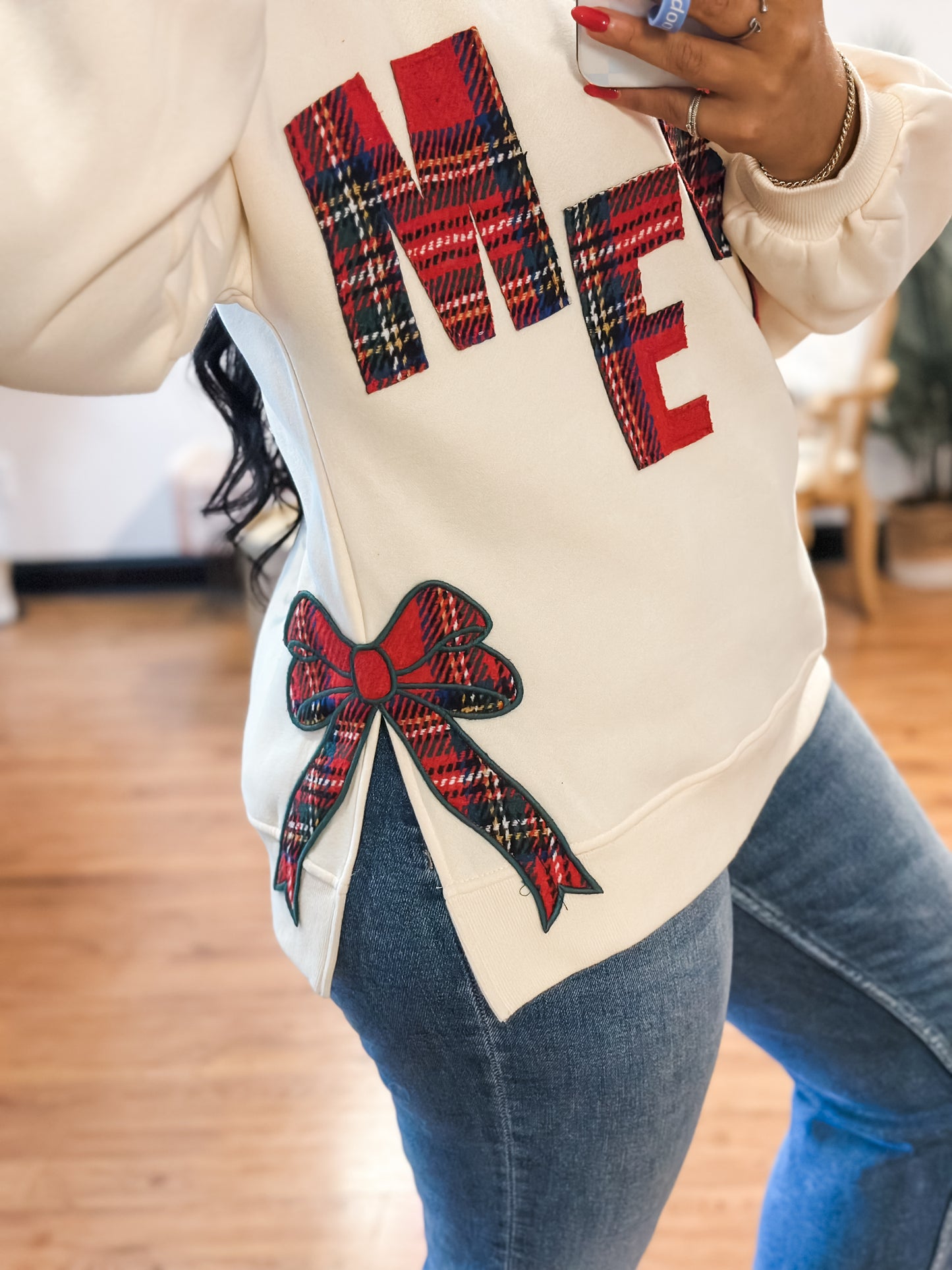 Plaid Merry Side Bow Pullover