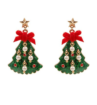 Pearl & Ribbon Christmas Tree Earrings