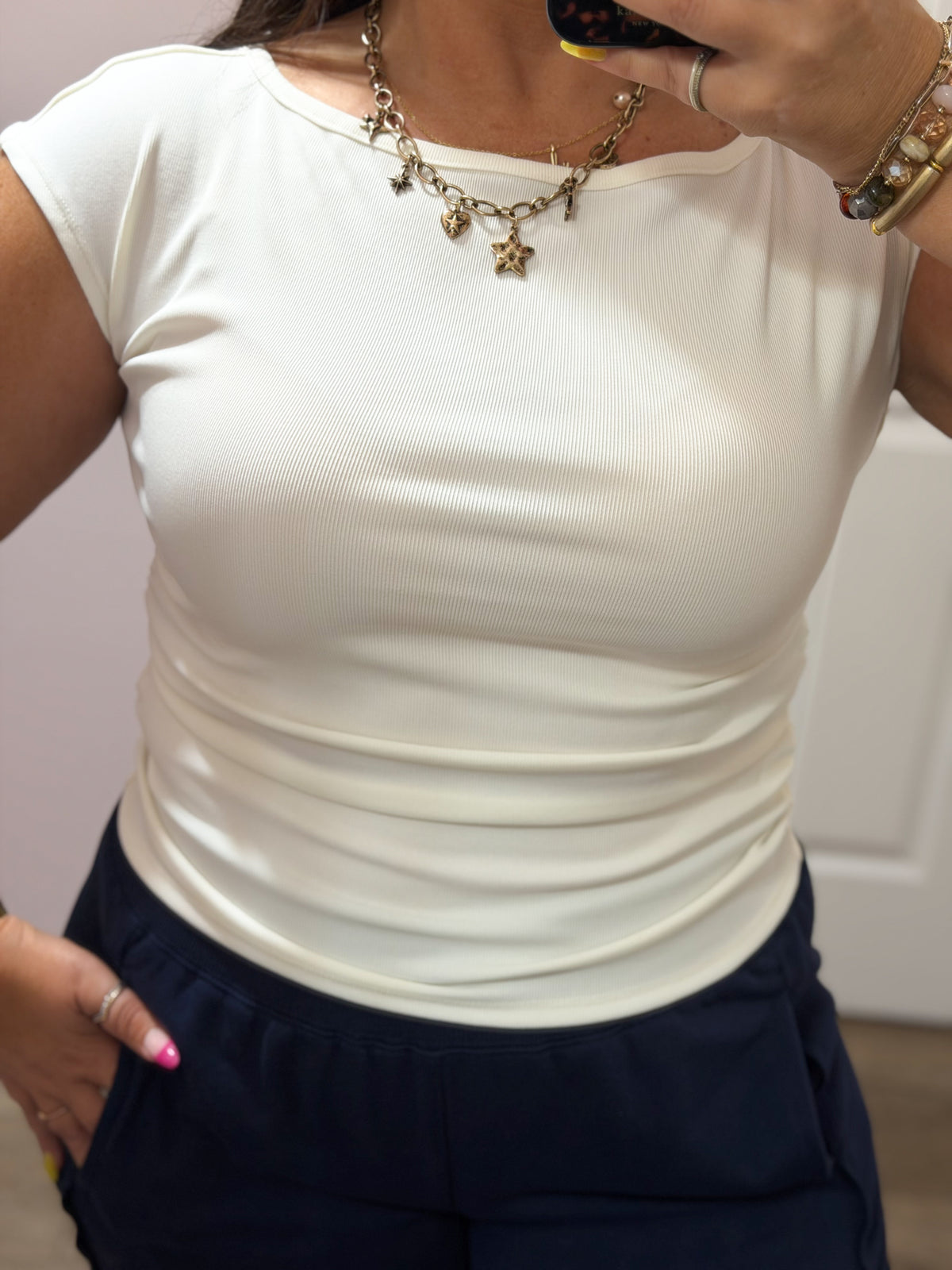 Boat Neck Ruched Sides Knit Top