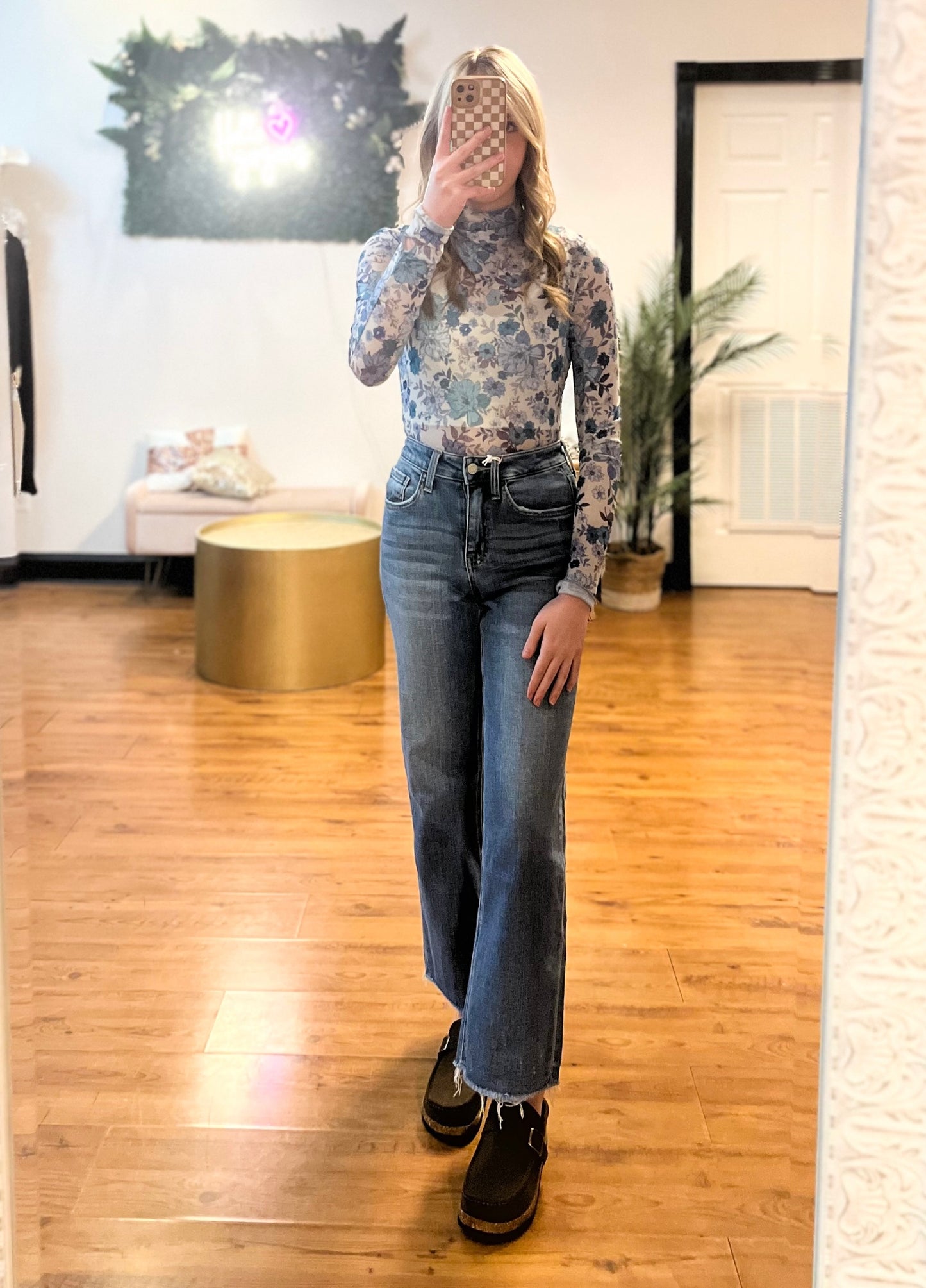 Floral Print Sheer Knit Top, Blue
