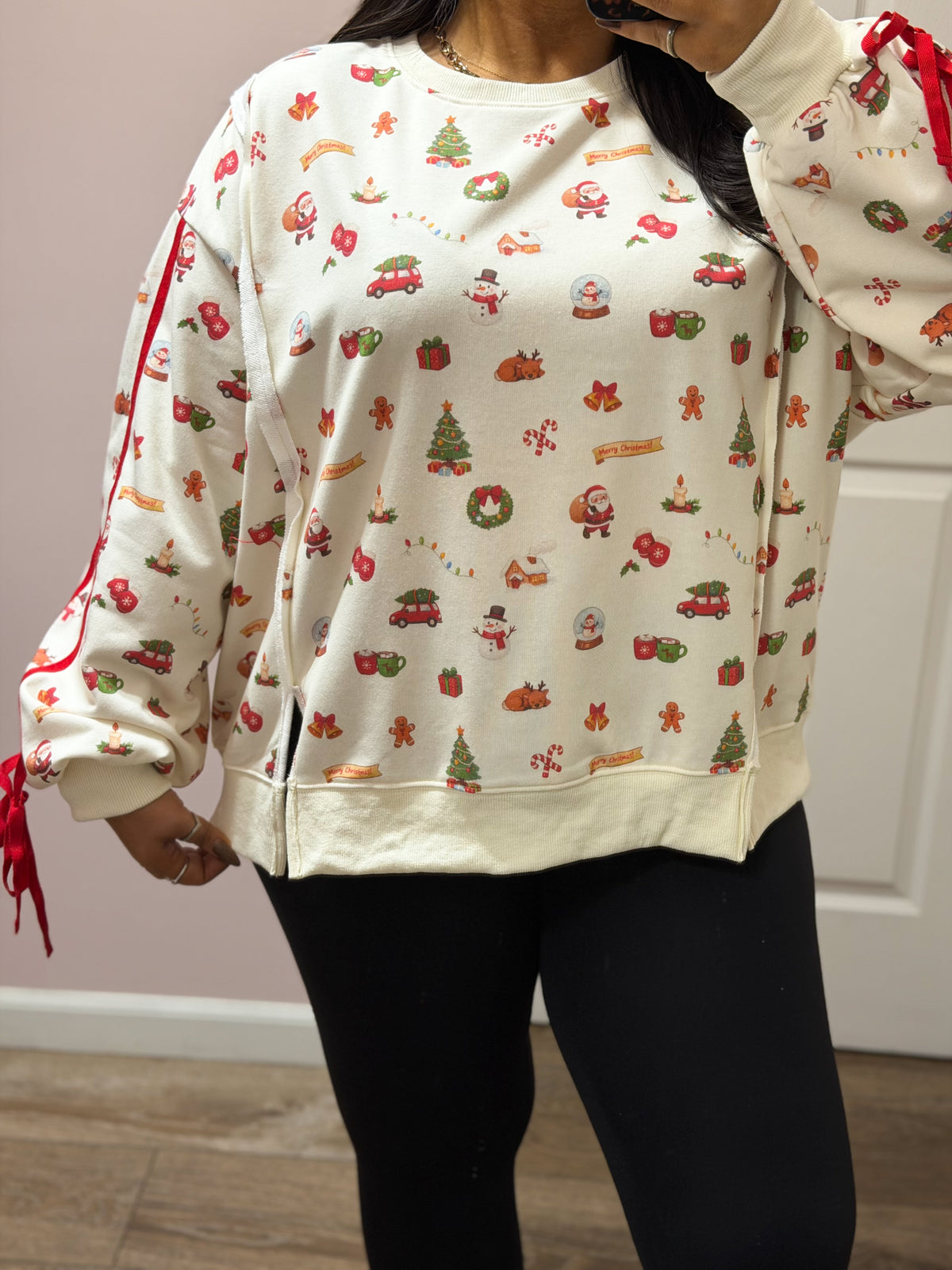 Christmas Icons Print Ribbon Sleeve Sweatshirt