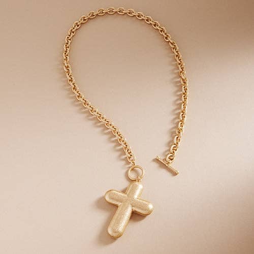Puffy Cross Metal Toggle Clasp Short Necklace