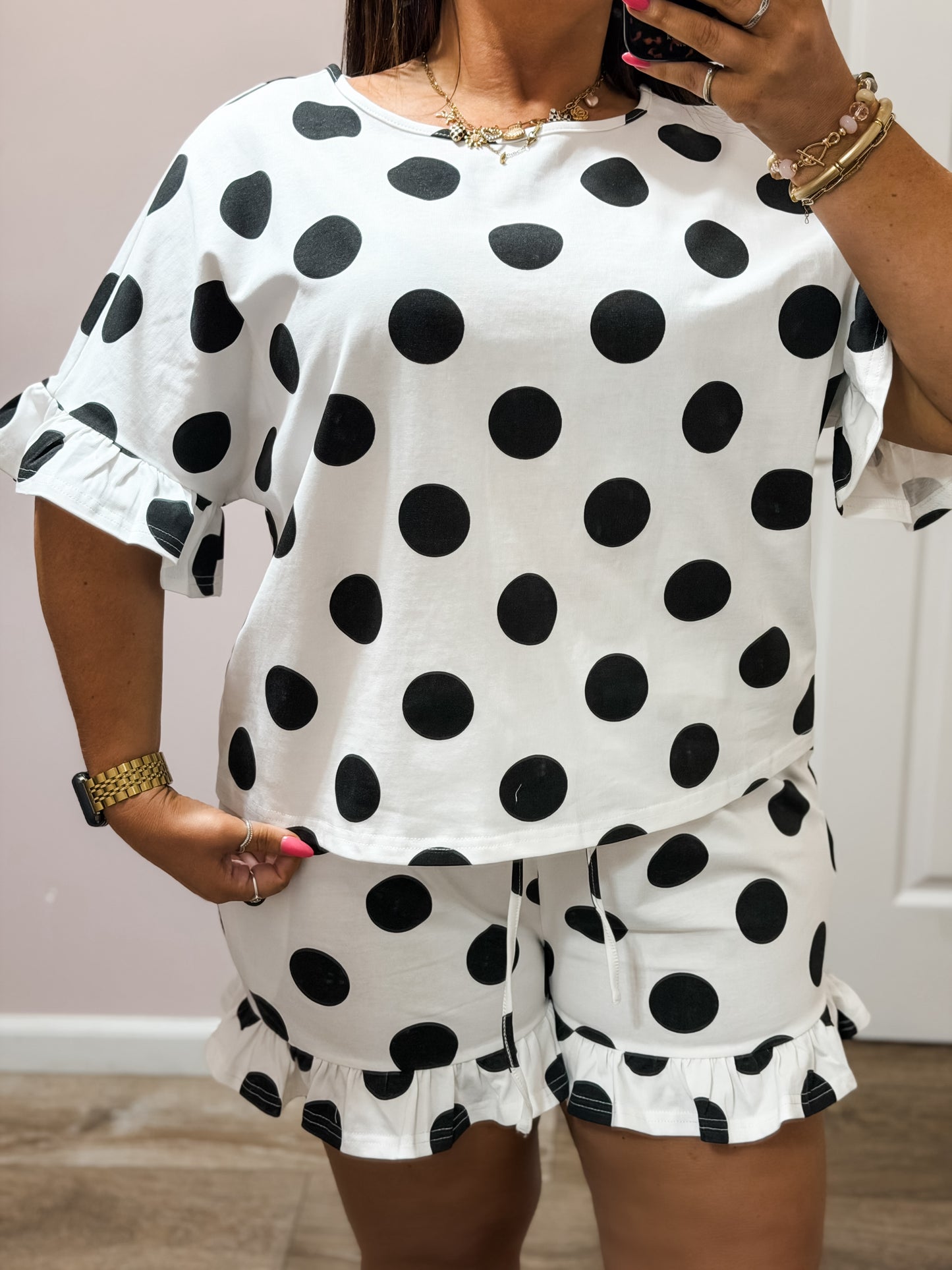 Classic Contrast Polka Dots Ruffled Set