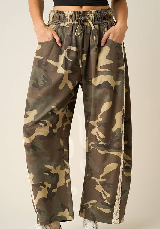 Camo Lace Trim Barrel Leg Pants