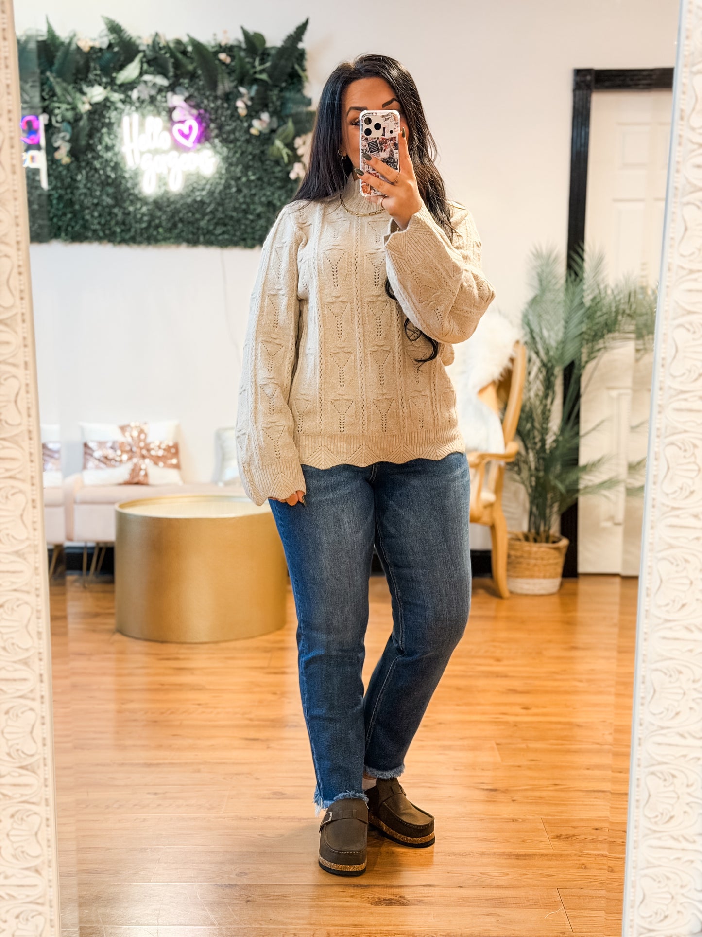 Scalloped Hem Textured Sweater