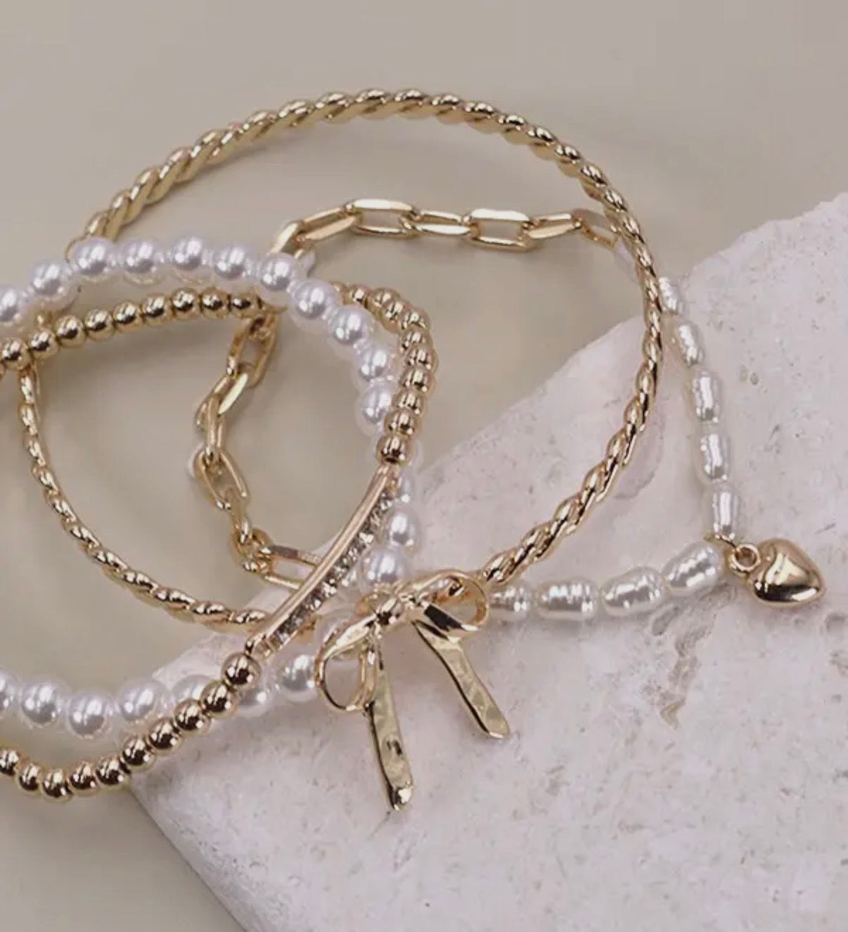Bow/Pearl/Rhinestone Bar Stretch Bracelet Set