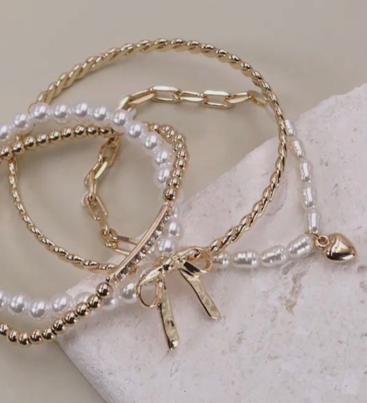 Bow/Pearl/Rhinestone Bar Stretch Bracelet Set