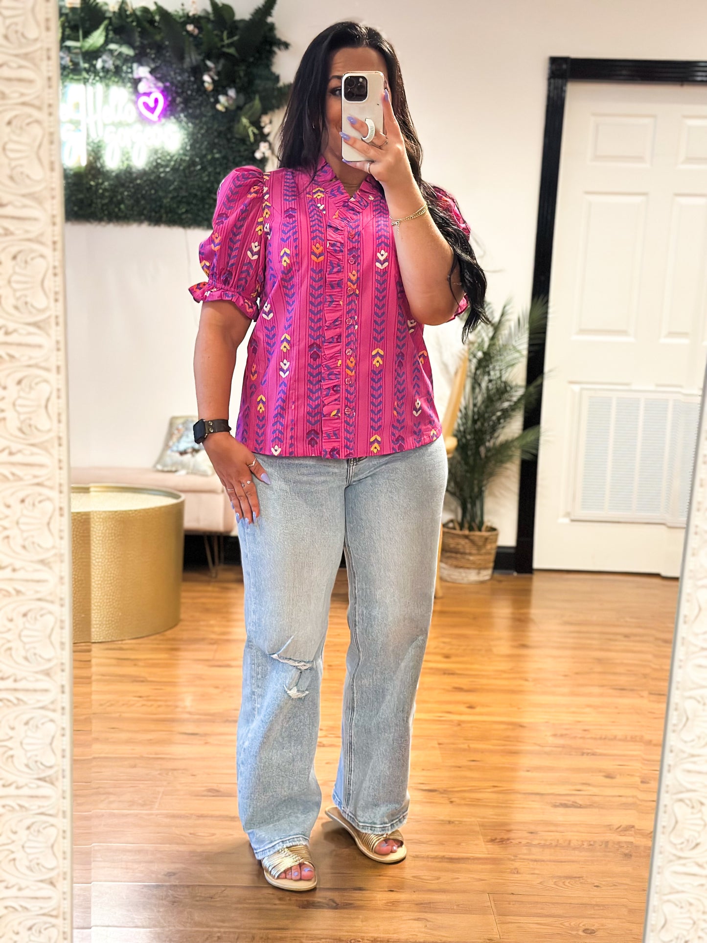 Ruffle Trim Printed Top
