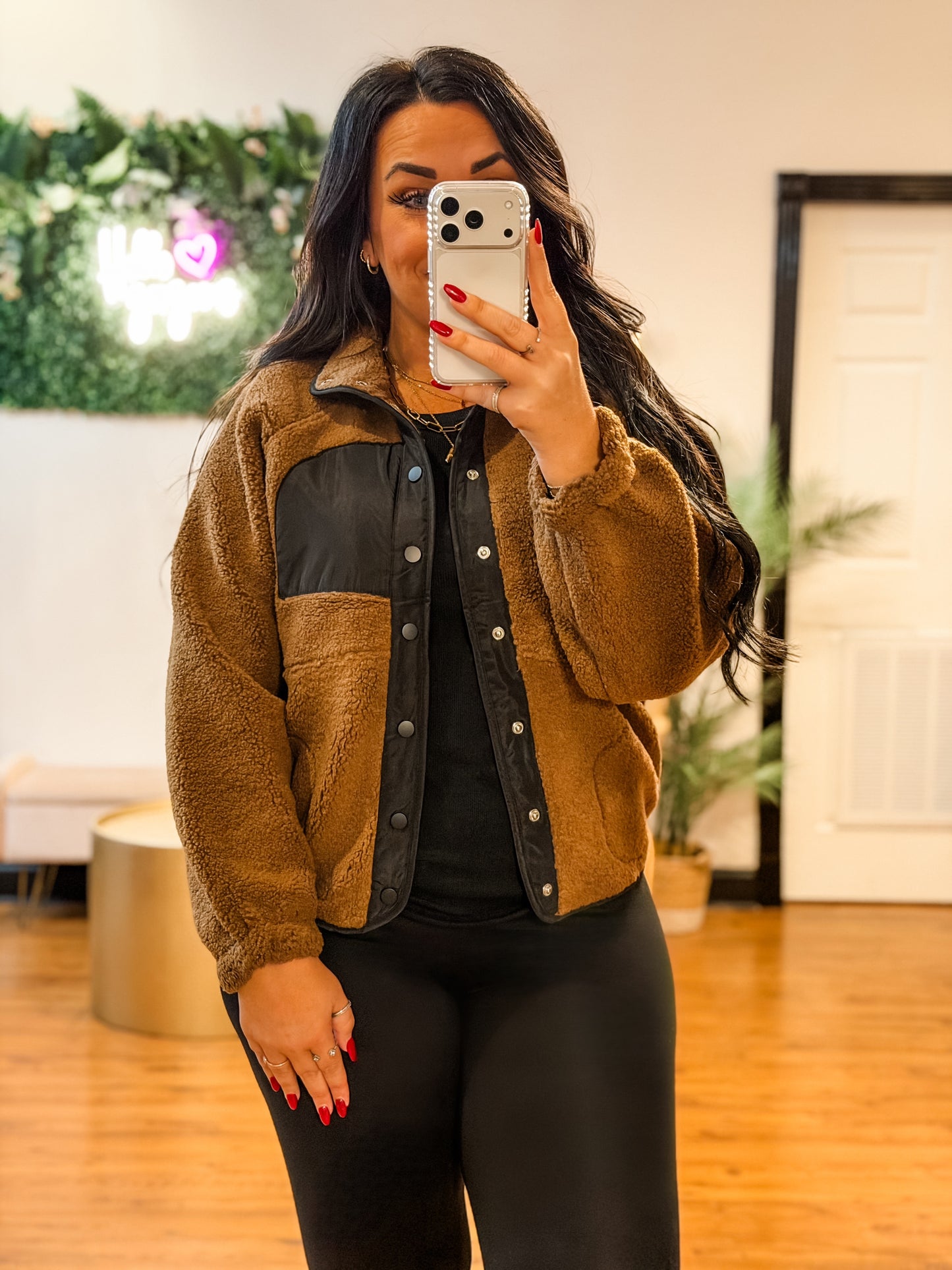 Colorblock Snap Button Fleece Jacket