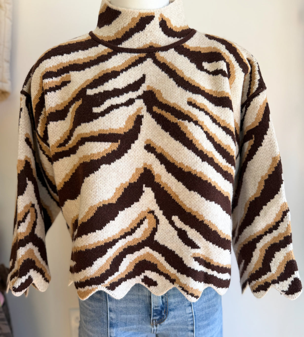 Kira Zebra Print Scallop Hem Sweater