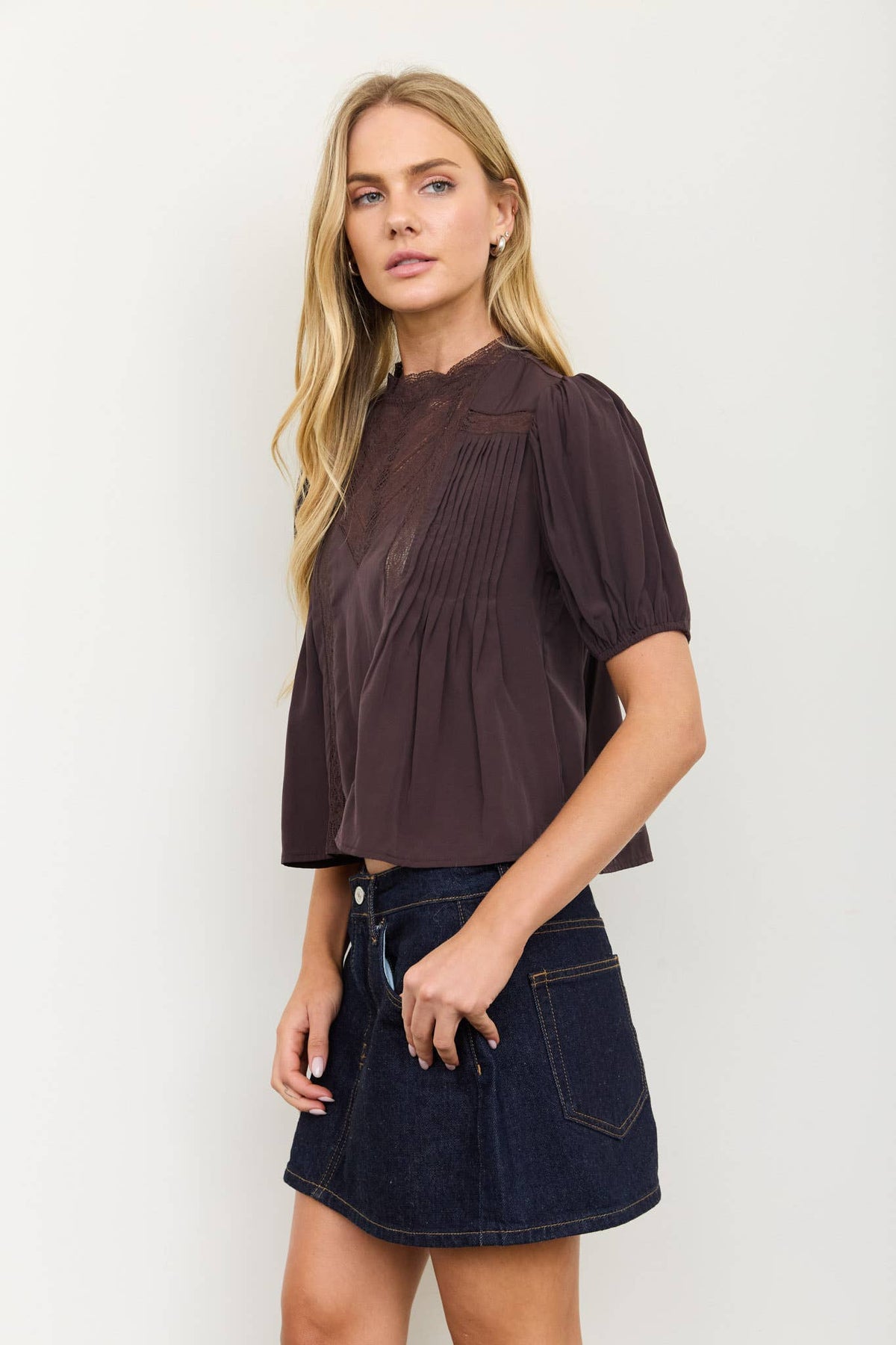 Stella Lace Trim Pintuck Puff Sleeve Top