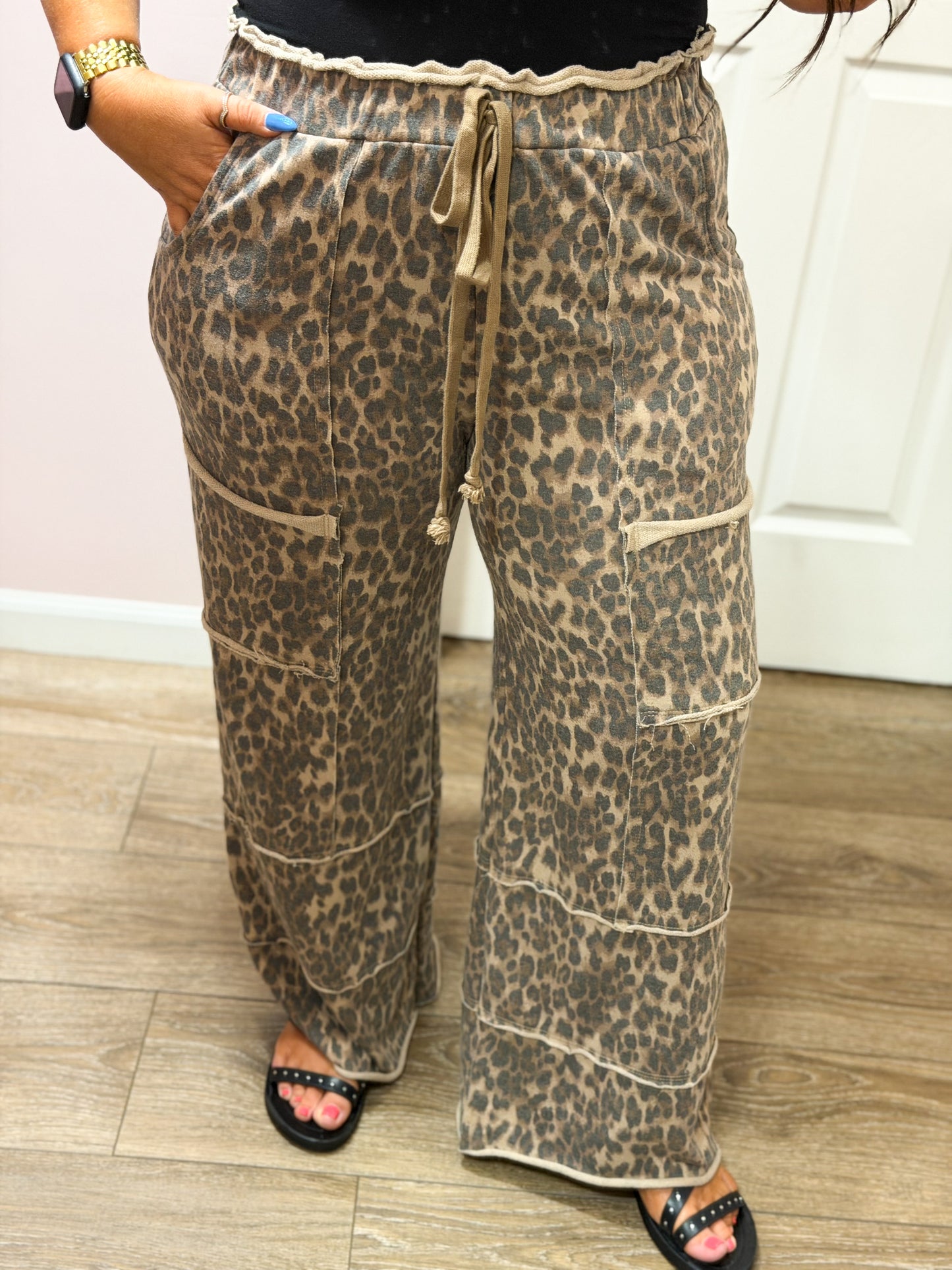Paige Leopard Wide Leg Pants, Mocha