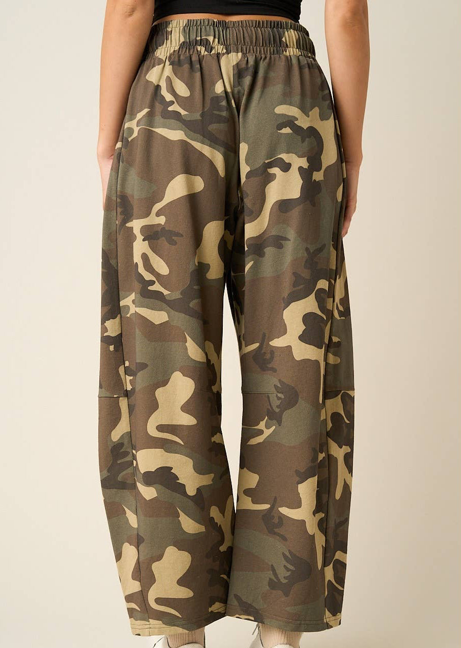 Camo Lace Trim Barrel Leg Pants
