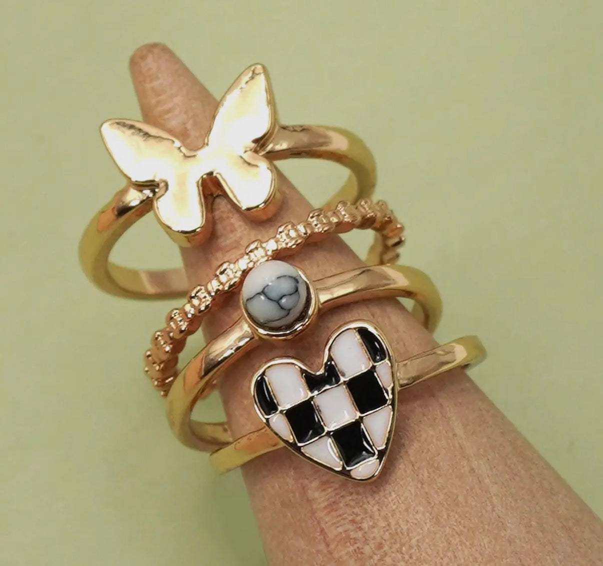 Checkered Heart/ Butterfly Ring Set