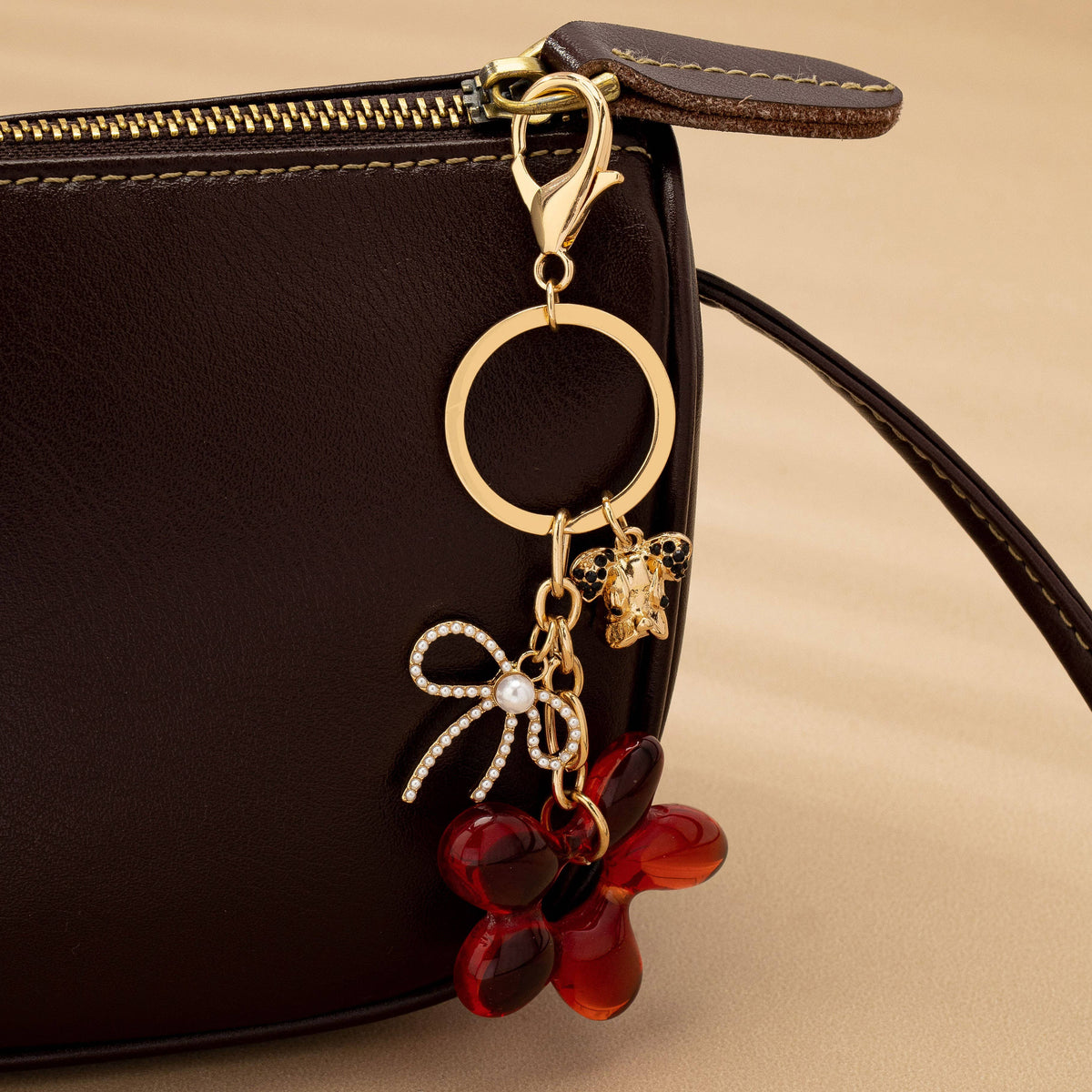 BAG CHARM KEY CHAIN-RESIN FLORAL BOW DOG
