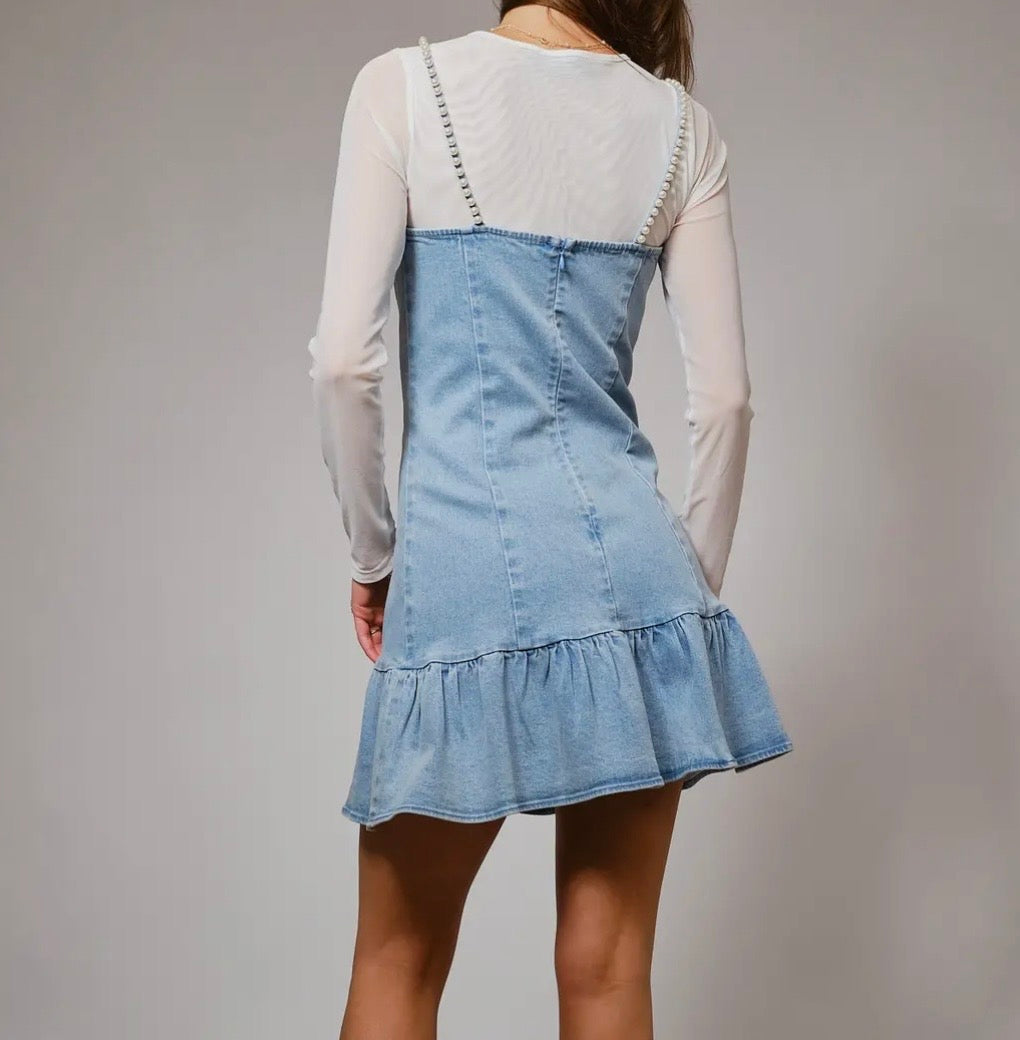 Feminine Flare Pearl Strap Denim Dress
