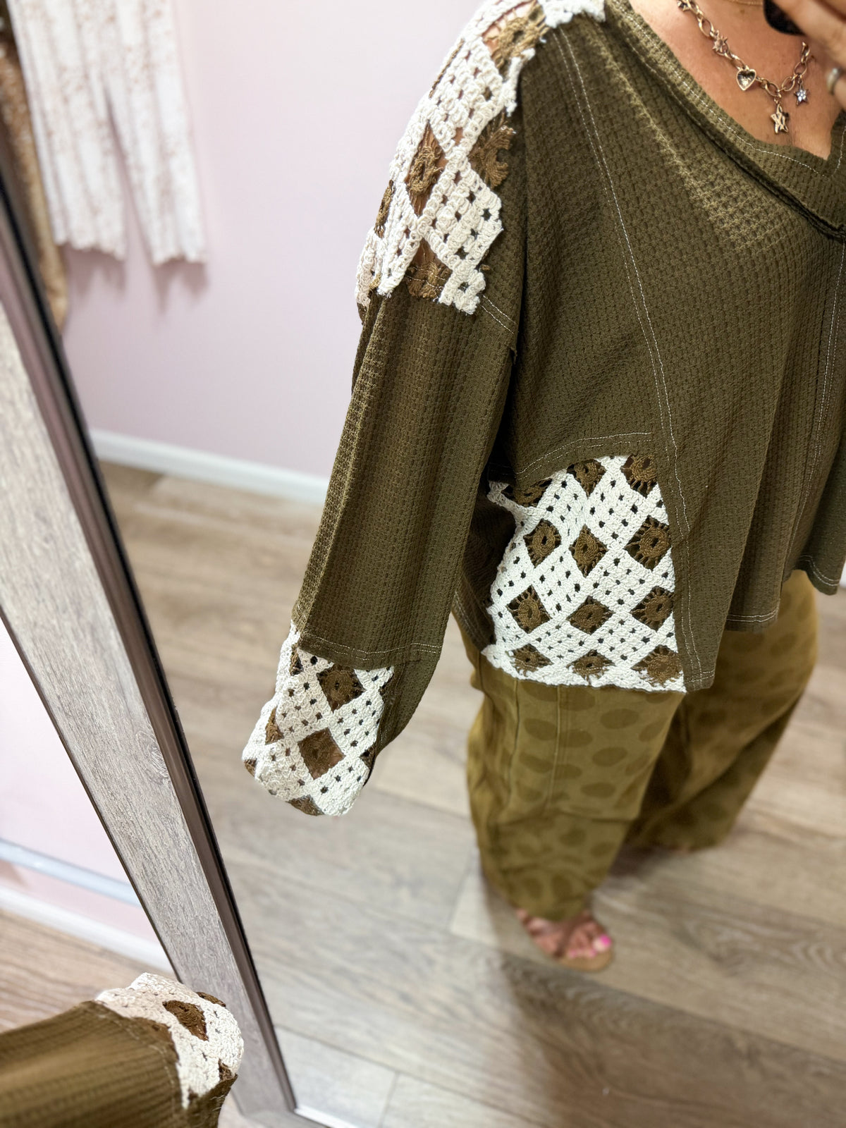 Patchwork Crochet Sleeve Waffle Knit