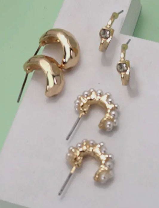 Pearl & Stone Hoop Earrings Trio