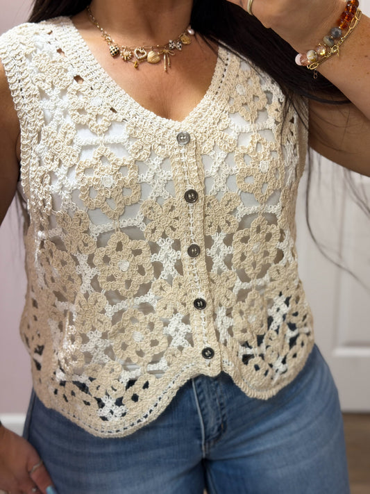 Crochet Floral Button Front Vest