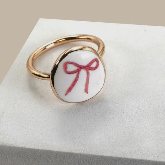 Porcelain Gold Edged Bow Charm Ring