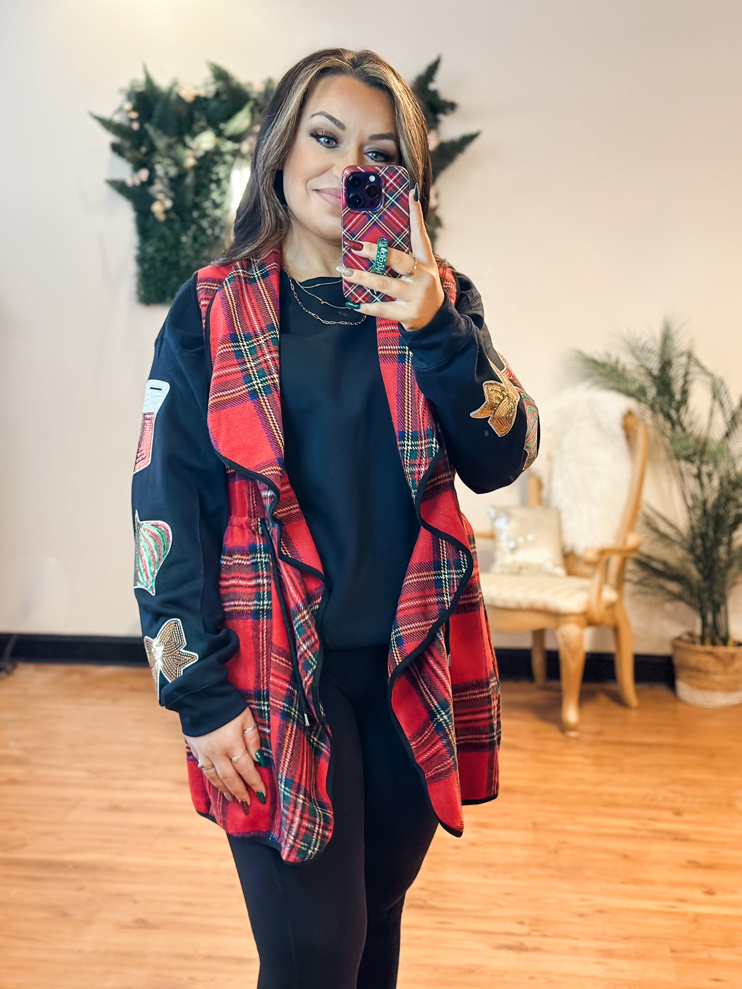 RED PLAID WATERFALL VEST