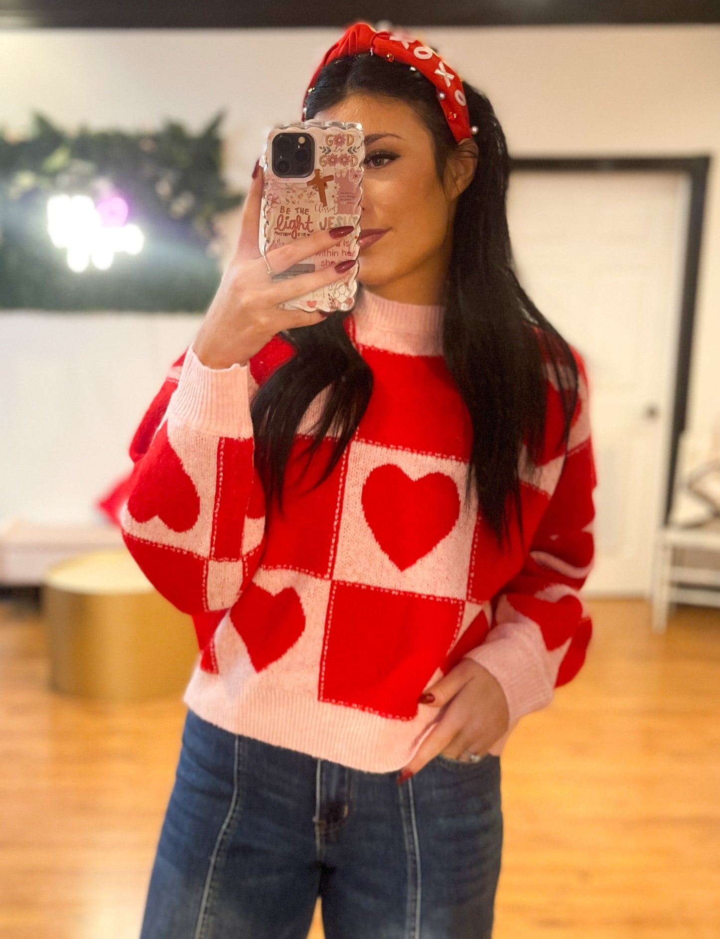 Heart Checkered Pattern Knit Sweater