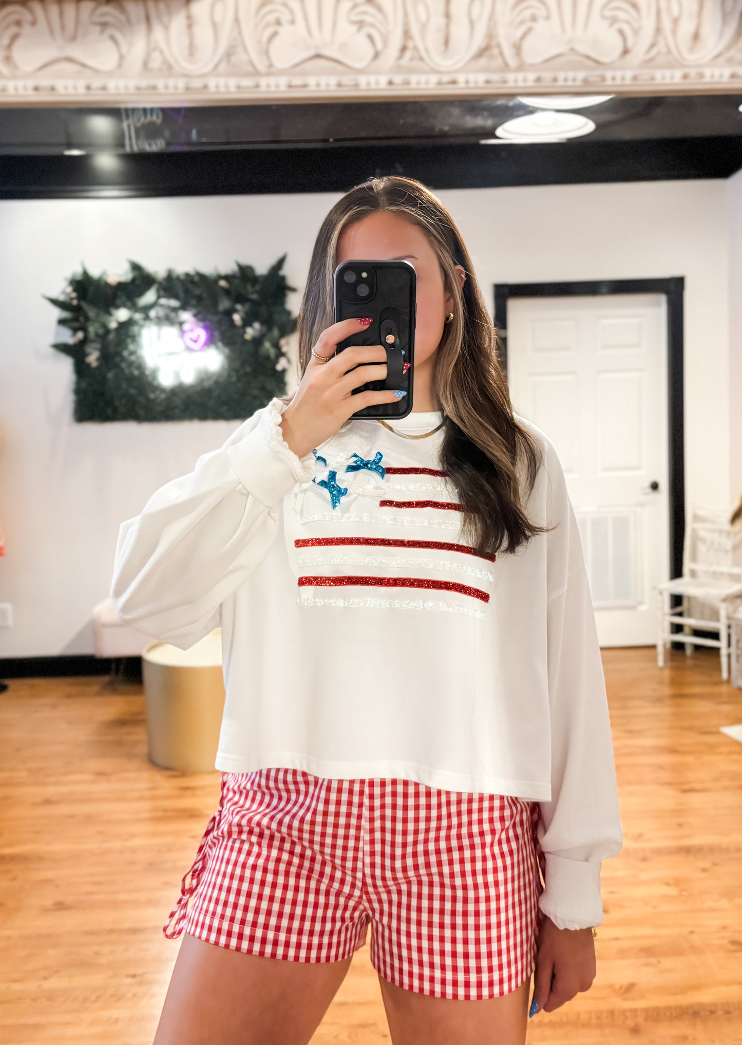 Checkered Bow Detail Shorts, Red