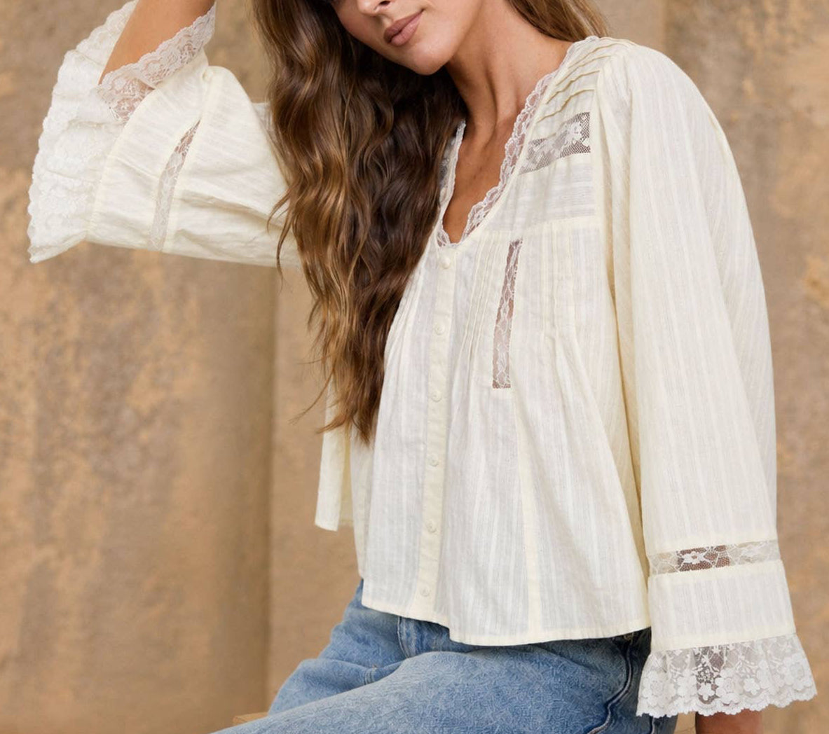 Lace Trim Pleated Button Down Top