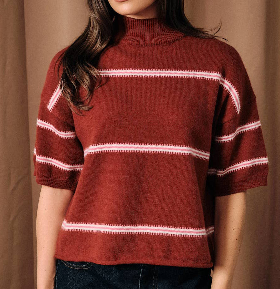 Mock Neck Short Sleeve Striped Sweater Top