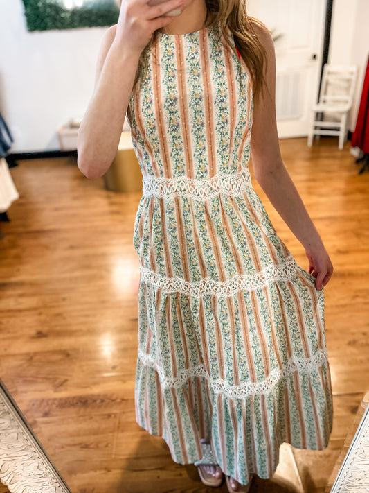 Enchanted Floral Stripe Scallop Lace Dress
