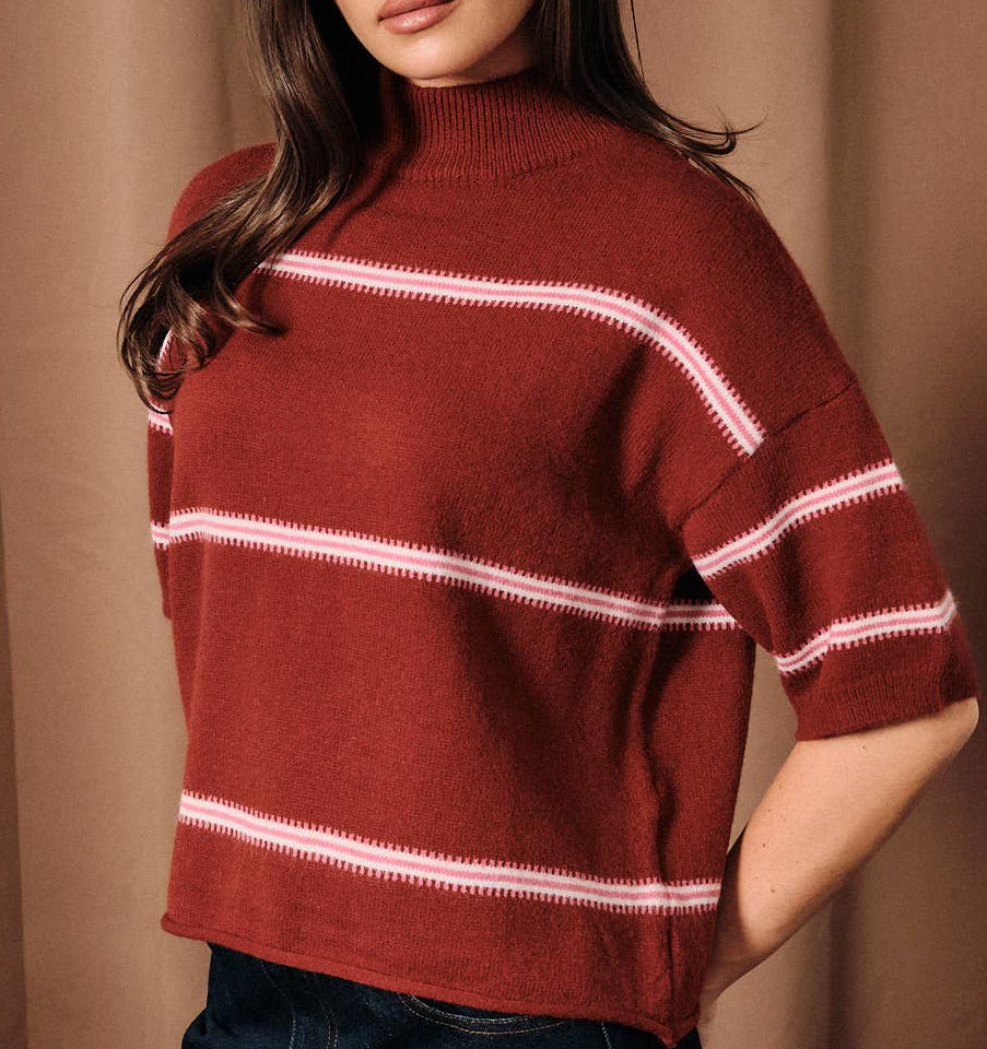 Mock Neck Short Sleeve Striped Sweater Top