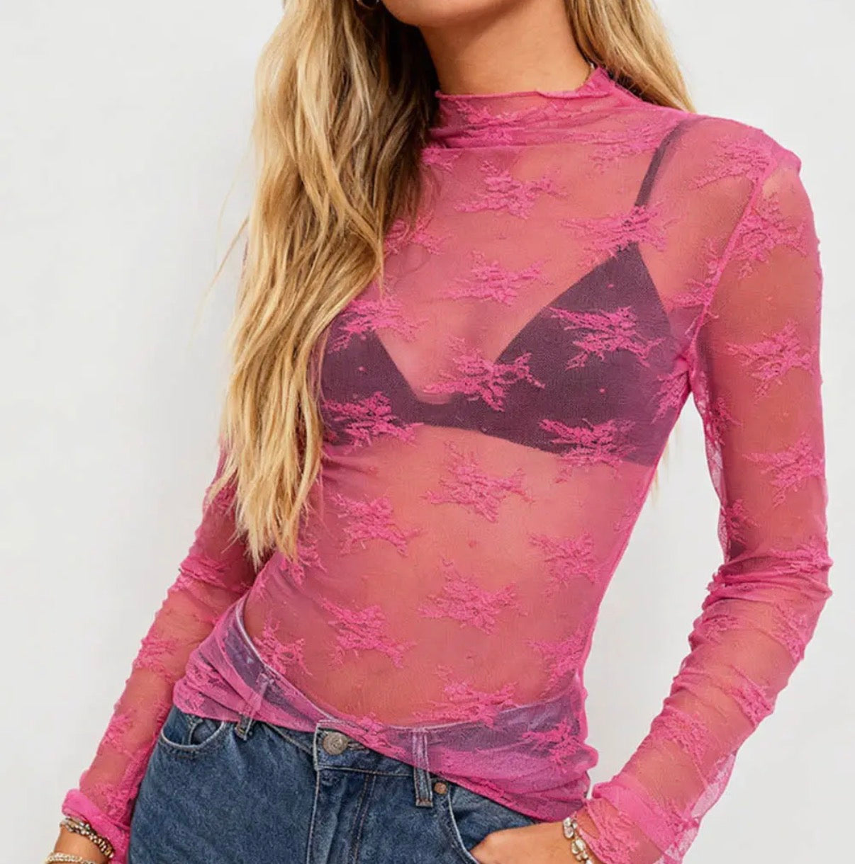 Lace Sheer Top, Hot Pink
