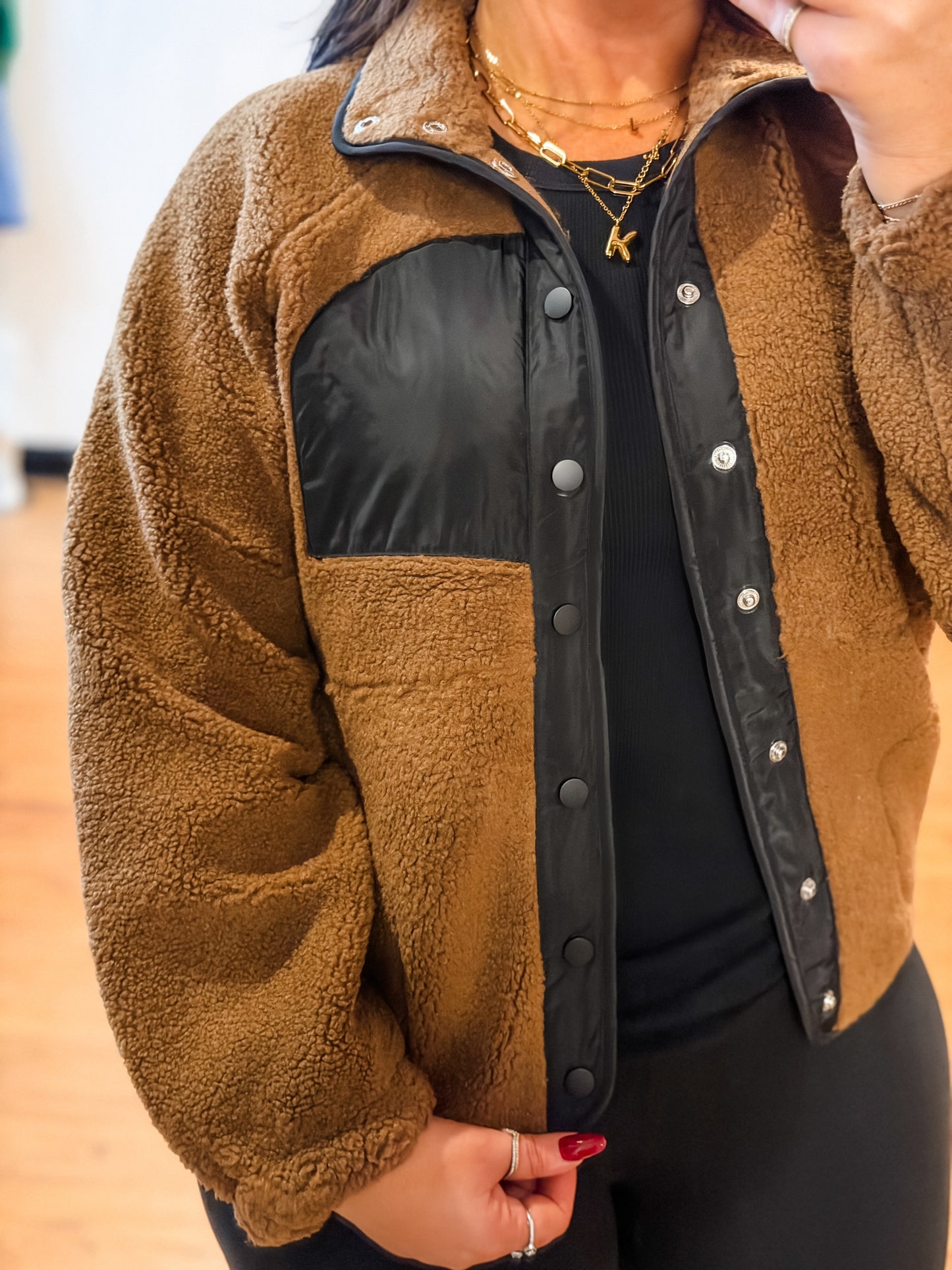 Colorblock Snap Button Fleece Jacket