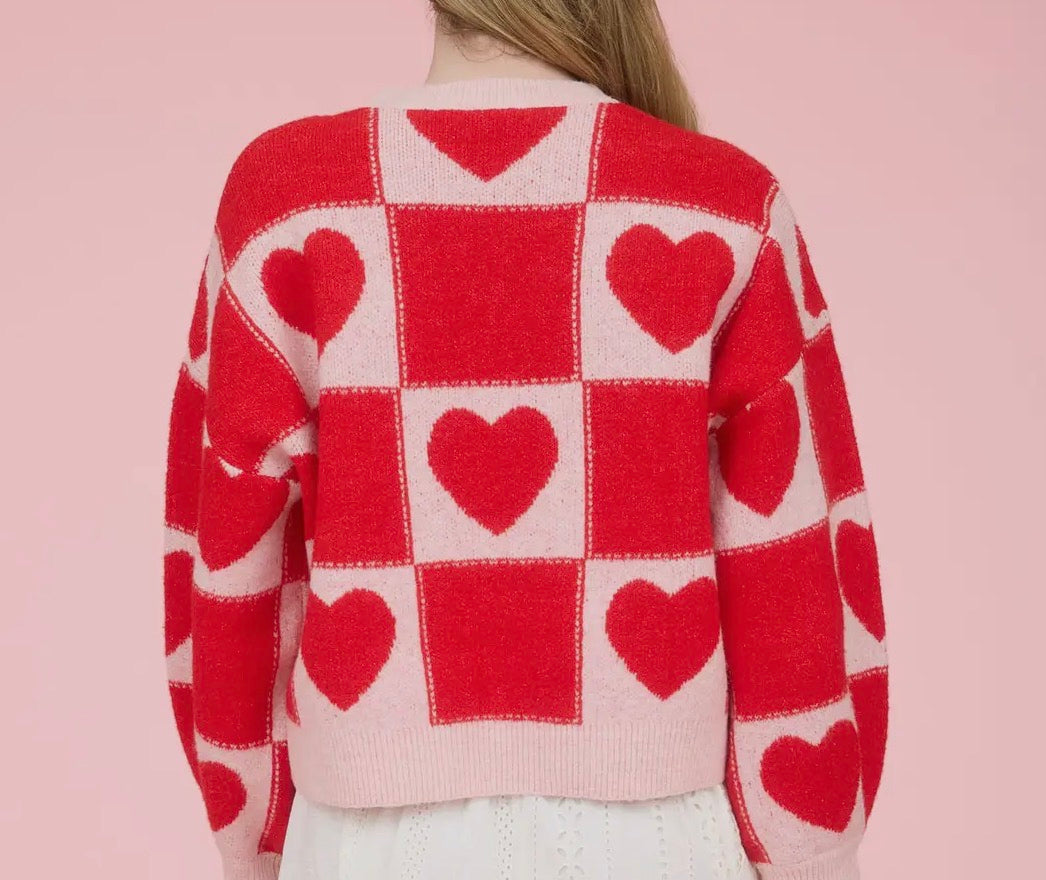Heart Checkered Pattern Knit Sweater