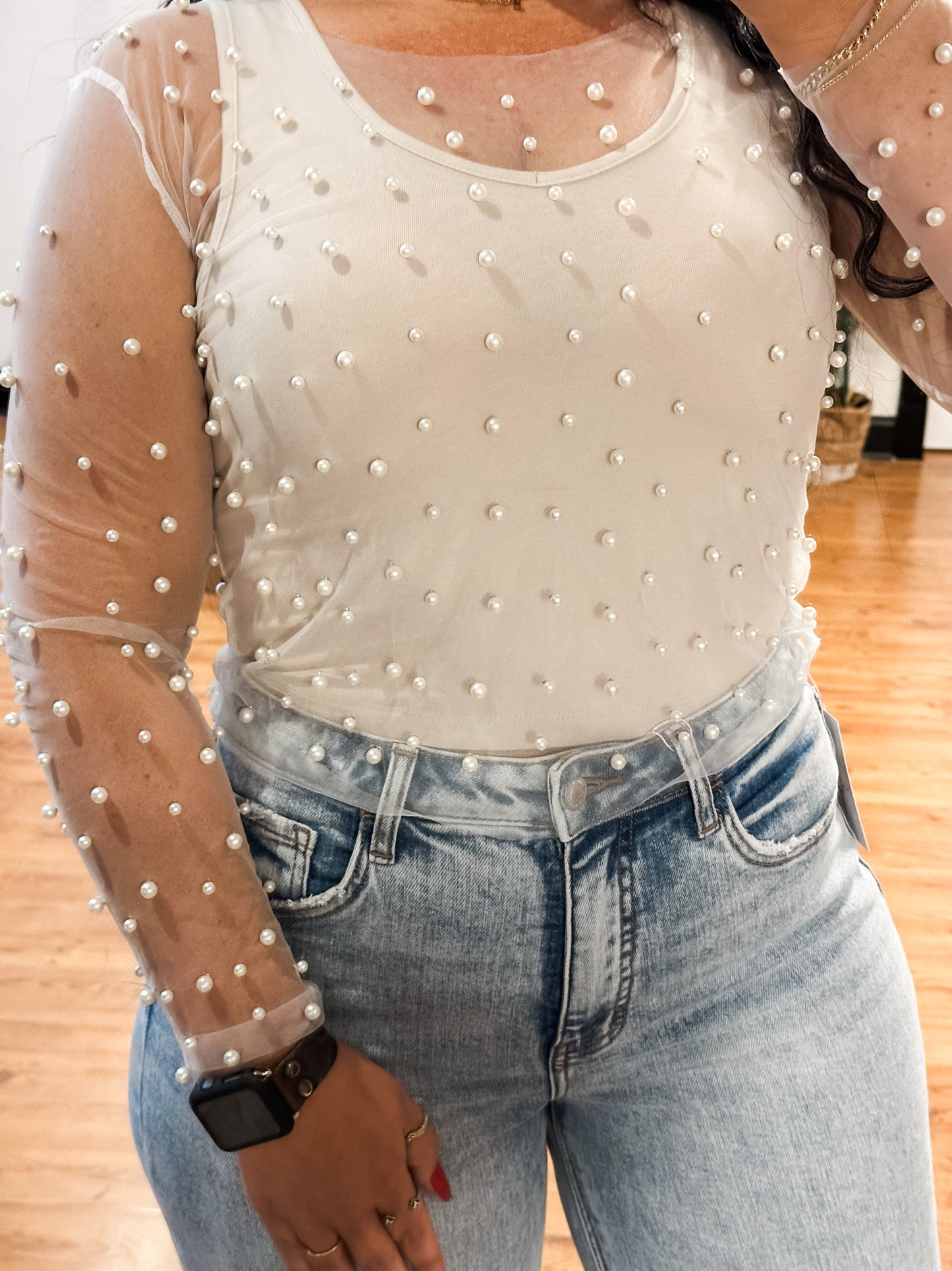 Pearl Embellished Sheer Top