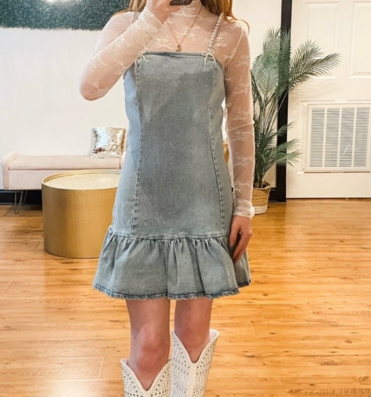 Feminine Flare Pearl Strap Denim Dress