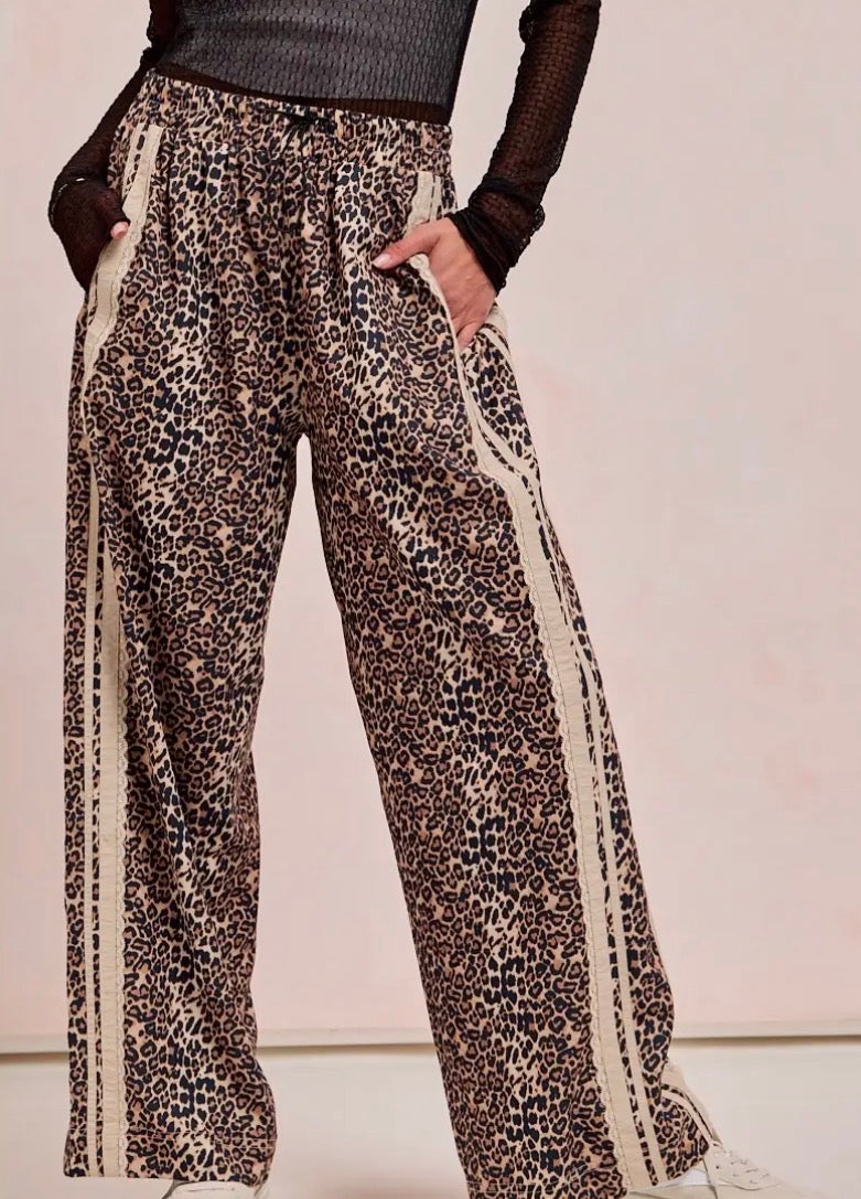Leopard Track Pants w/Lace Contrast Side
