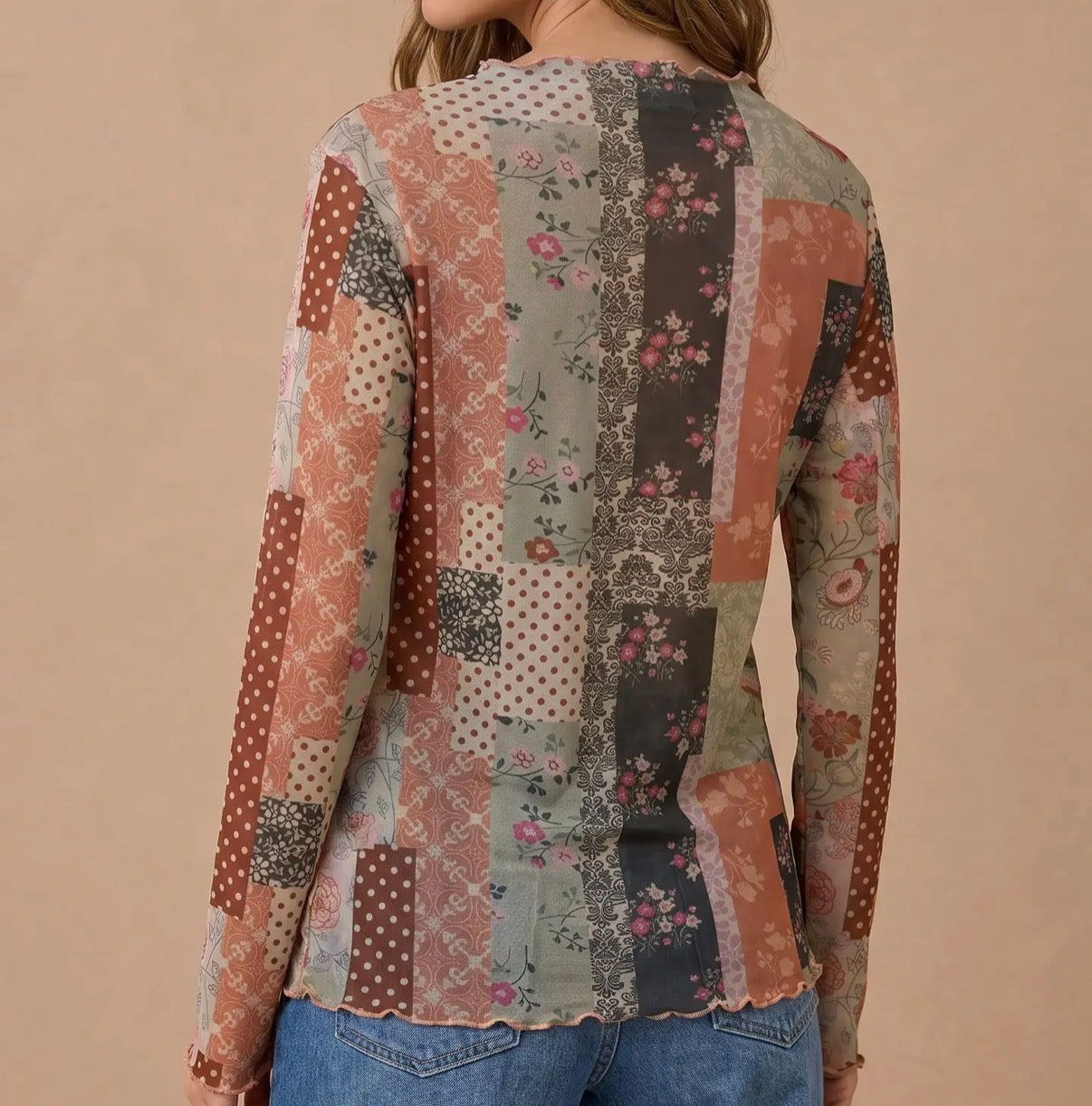 Between Seasons Patchwork Sheer Top
