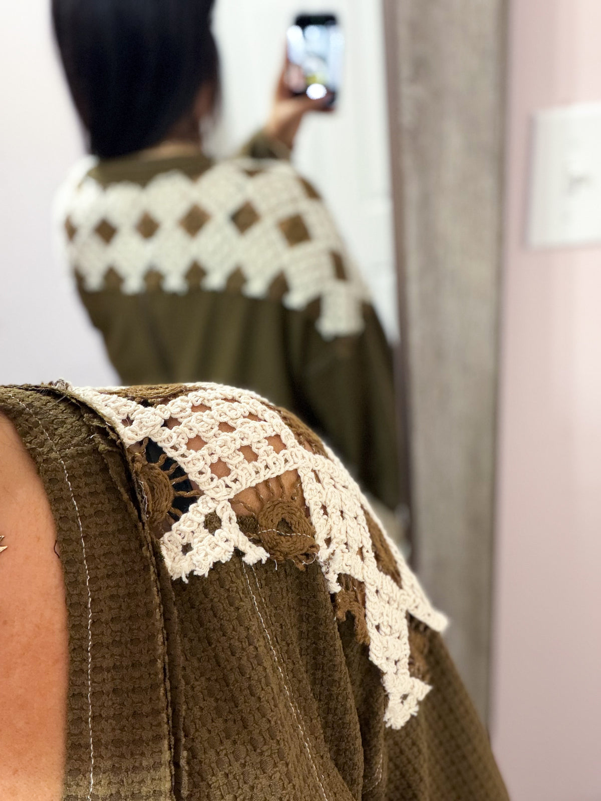 Patchwork Crochet Sleeve Waffle Knit