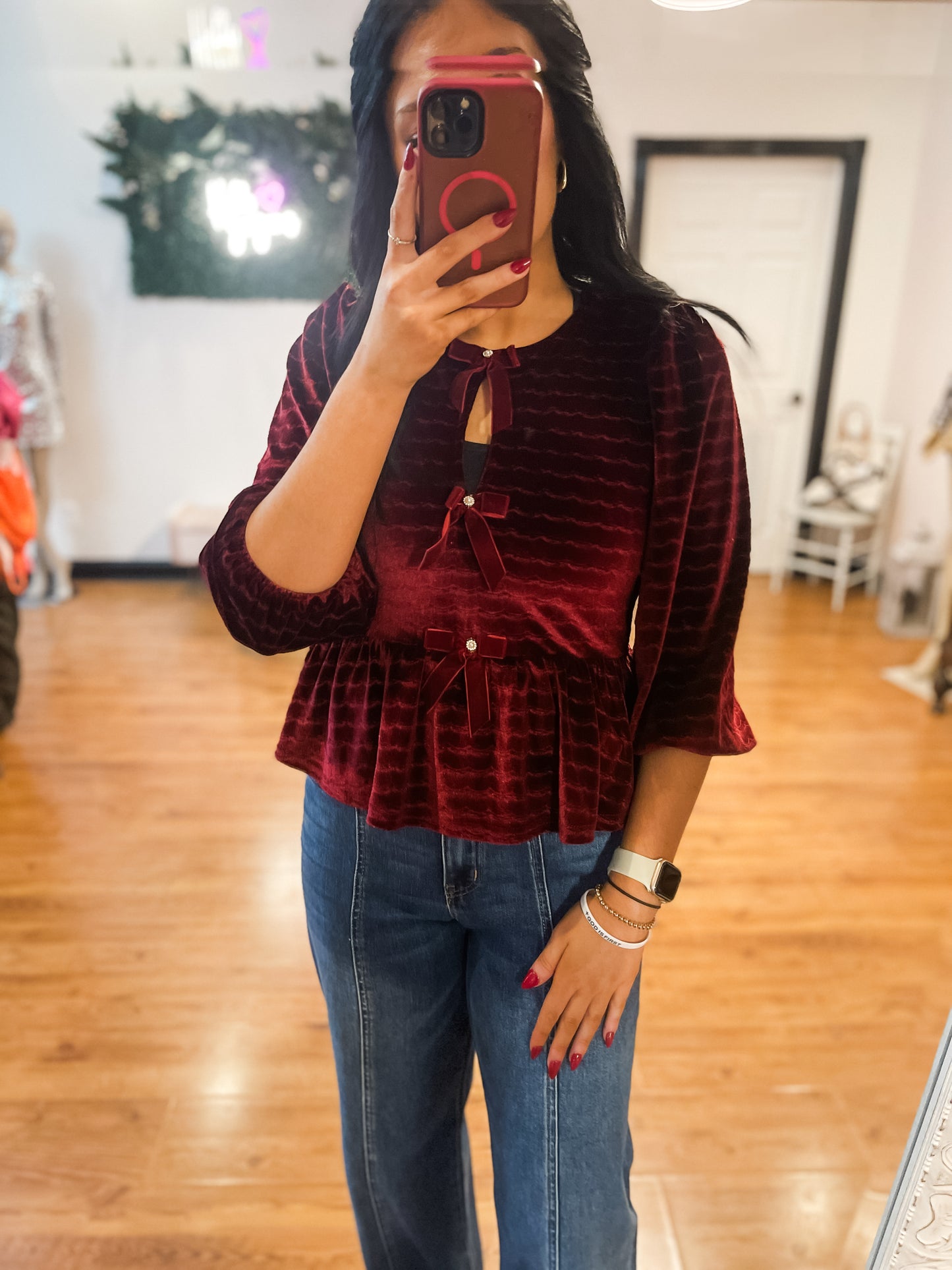 Scallop Velvet Bow Detail Top