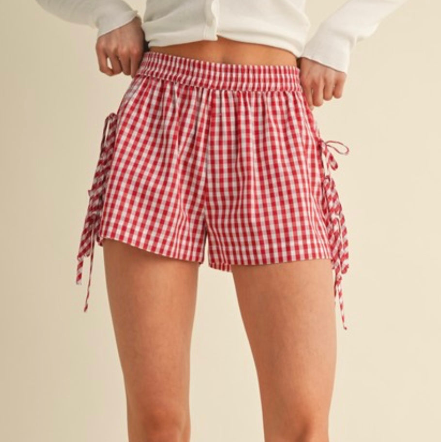 Checkered Bow Detail Shorts, Red