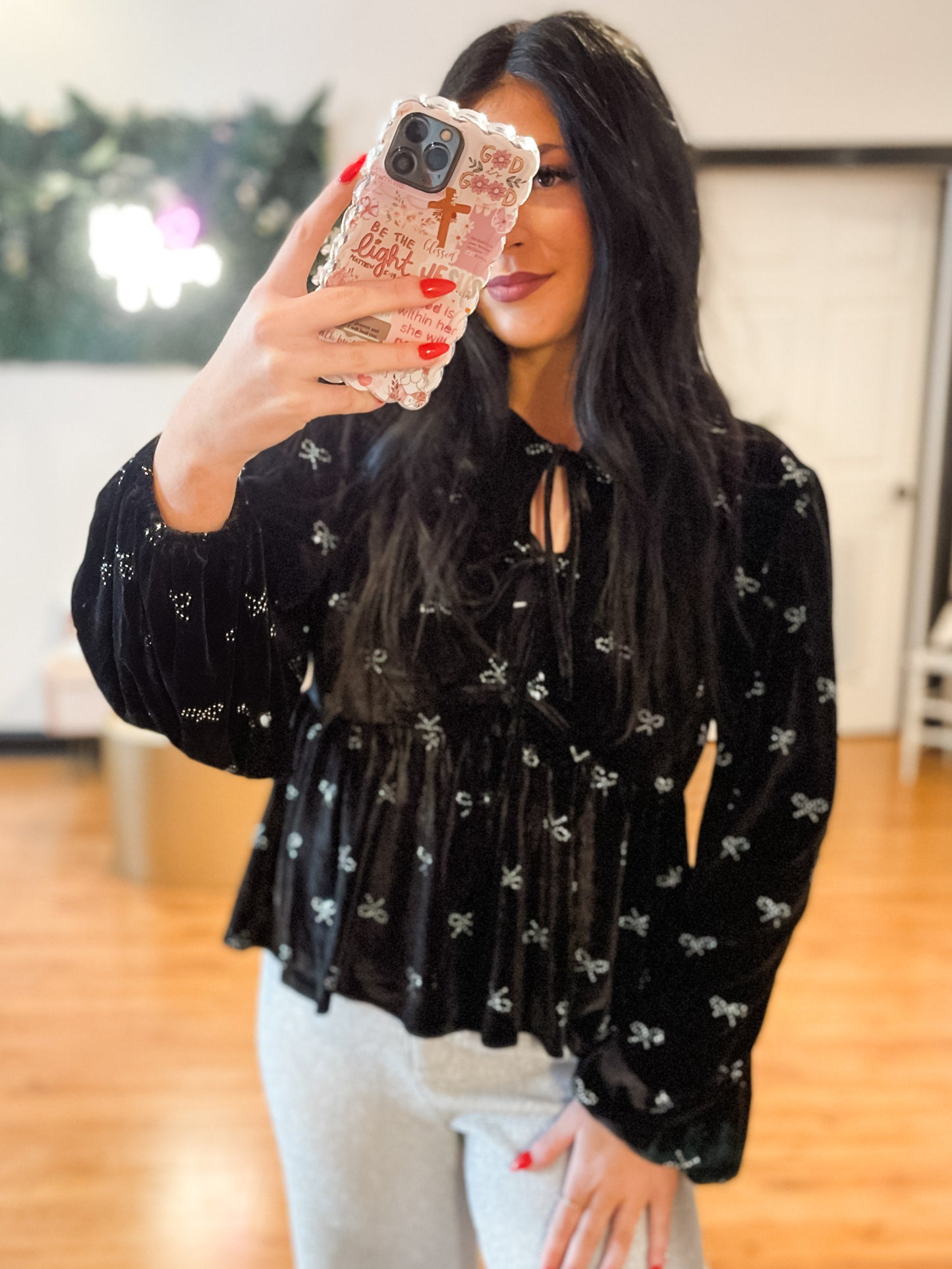 Bow Embellished Velvet Top