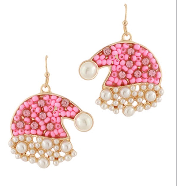 Bead & Pearl Santa Hat Earrings